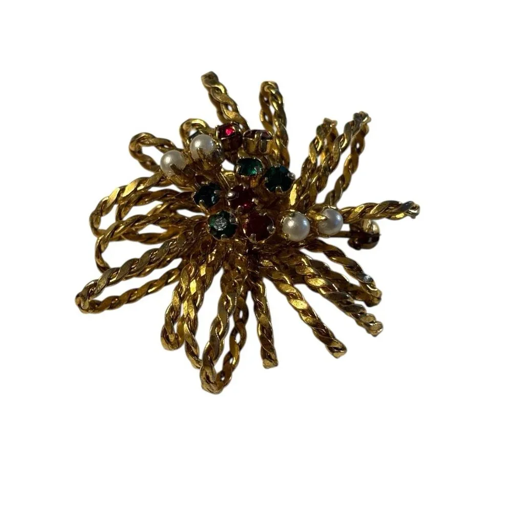 Austria 3D Rope Brooch Pin Starburst Fireworks‎ Atomic Rhinestone Faux Pearl VTG